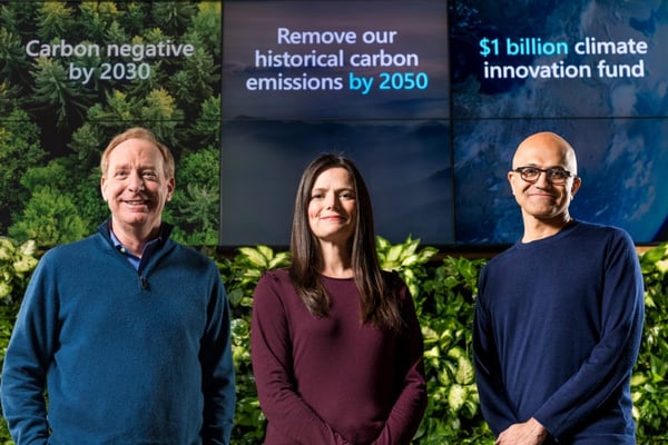 Brad Smith with Amy Hood and Satya Nadella